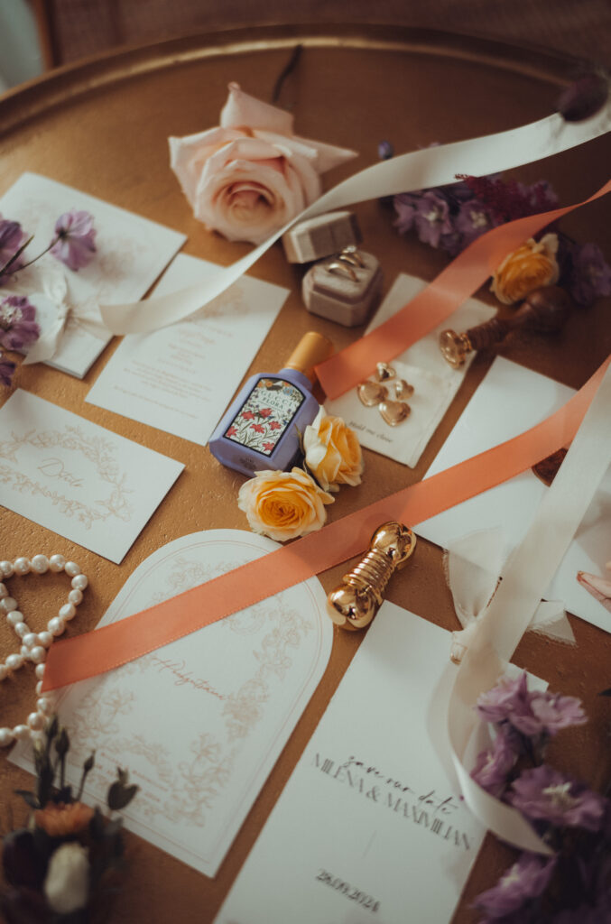 Hochzeitseinladungen, rosa und gelbe Blumen, Blumendeko, Schmuck und Bänder auf einem goldenen Tablett arrangiert-perfekte Inspiration für elegante Veranstaltungen oder Ihre Hochzeitsplanung.