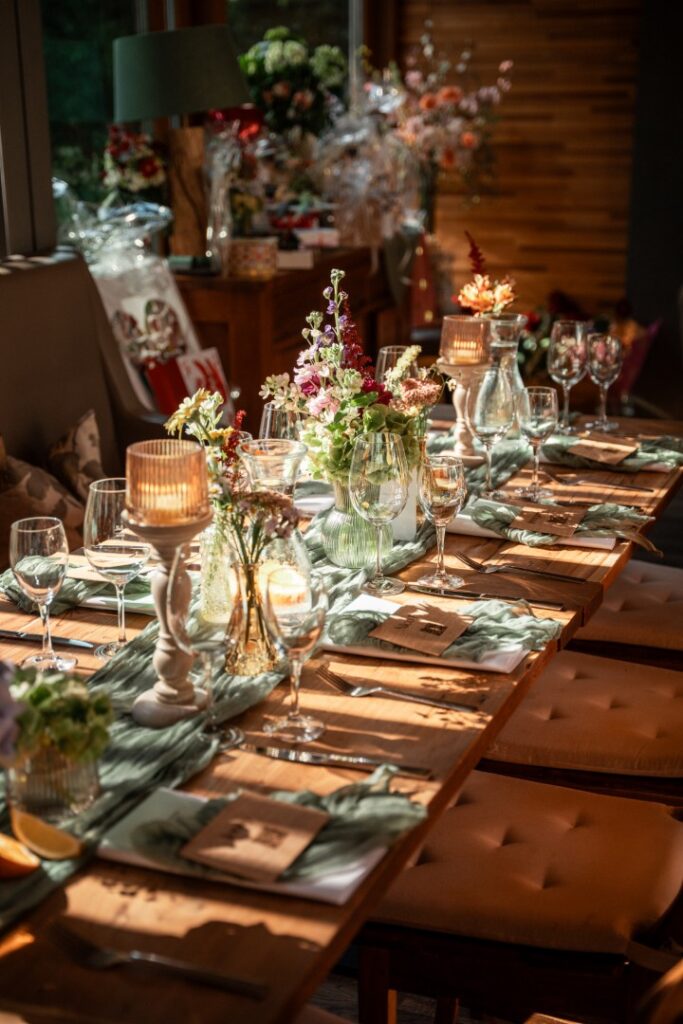 Ein elegantes Esstisch-Arrangement mit Blumen, Kerzen, Weingläsern und dem durch das Fenster einfallenden Sonnenlicht schafft die perfekte Atmosphäre in der Hochzeitslocation „Forsthaus Neuhaus“.